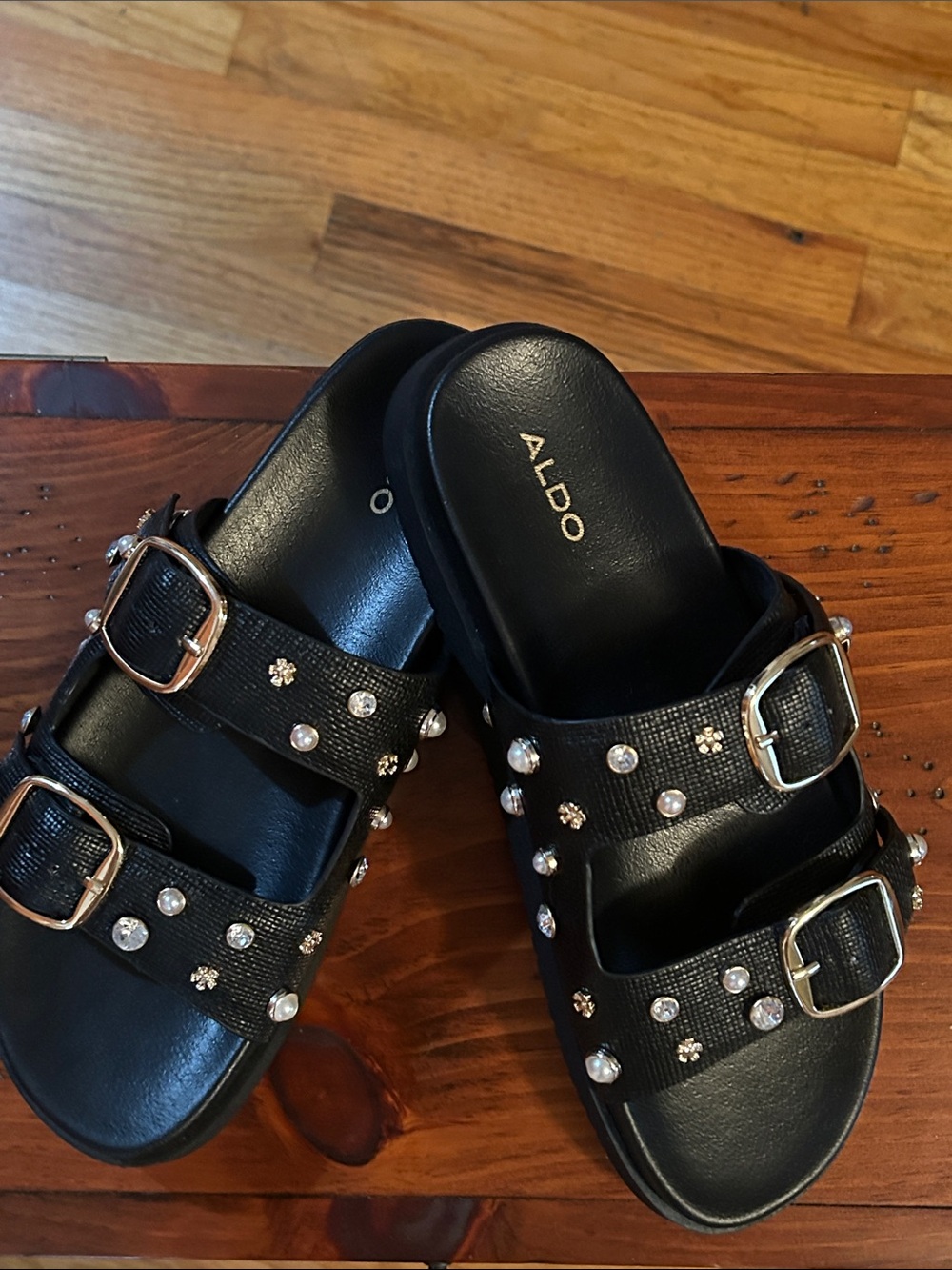 Aldo Black Studded Double-Buckle Slide Sandals